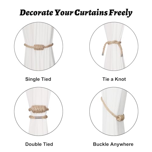 Magnetic Jute Curtain Tiebacks - Hand-Woven Boho Curtain Holdbacks (2 Pack)