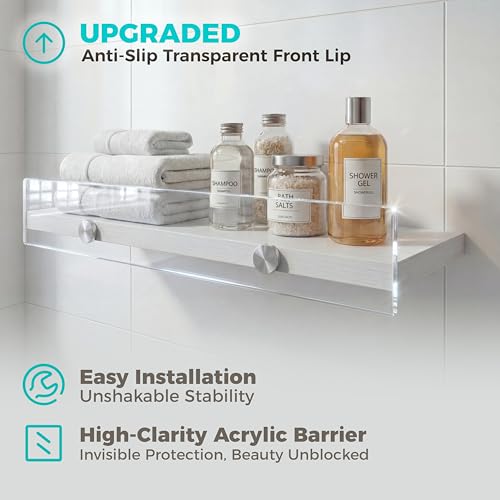 15.7" Rustic Floating Wall Shelves with Acrylic Lip, 3 Pack White