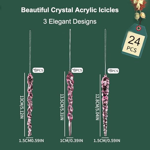 Pink Christmas Icicle Ornaments 24pcs - Shatterproof Acrylic Tree Decorations