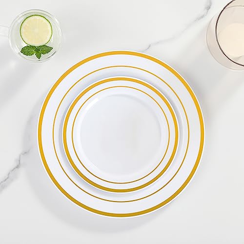AOZITA Gold Rim 200pcs Heavy Duty Disposable Plates Set - 100 Dinner + 100 Salad Plates