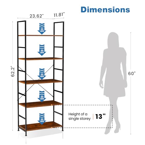 5-Tier Tall Bookshelf Industrial Bookcase Display Organizer, Rustic Brown
