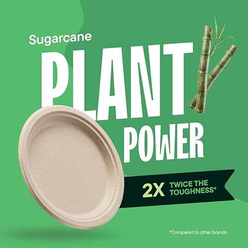 100% Compostable 9 Inch Paper Plates - Heavy Duty Sugarcane Plates (125 Pack)