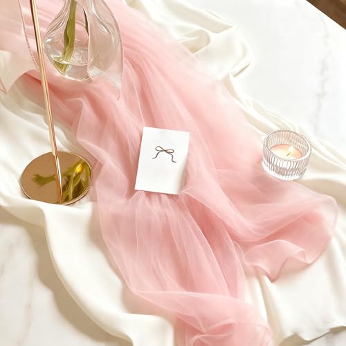 LINNUO HOURSE Pink Sheer Chiffon Table Runner 35x12 Inches 12 Pack for Weddings