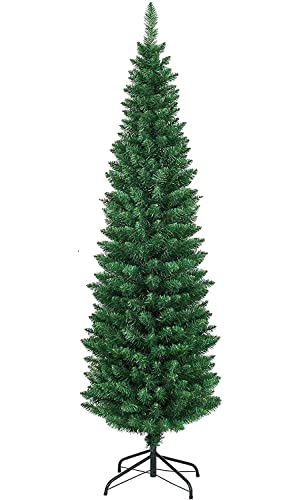 HAPPYGRILL 6ft Pencil Christmas Tree Unlit Slim Xmas Tree with Foldable Metal Stand, PVC