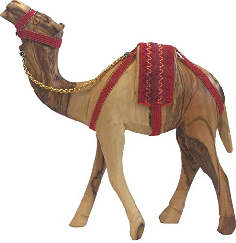 Olive Wood Nativity Camel Figurine with Red Saddle & Chain - 11 Inch