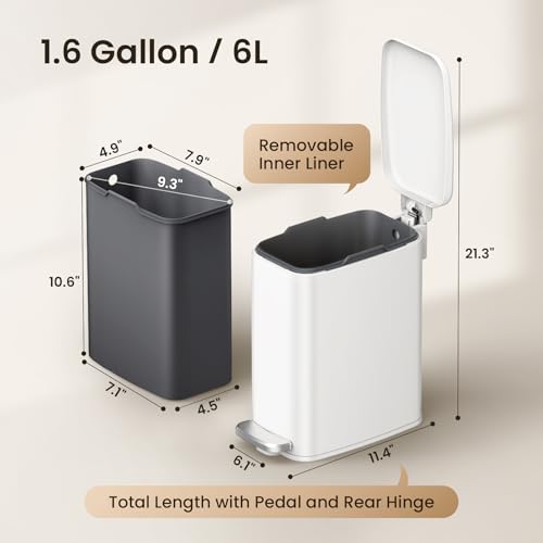 Slim Bathroom Trash Can with Lid, Soft Close Stainless Steel 6L