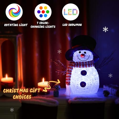 ELAMAS Snowman Christmas Decor with Top Hat, 7 LED Color Changing, 13.7in Acrylic Tabletop Light Up Snowman Gift