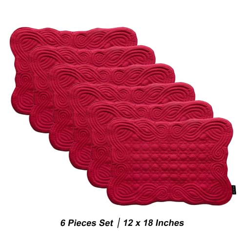 Loom and Mill Christmas Quilted Table Placemats Set of 6, 12x18 Inch, Rectangular Red