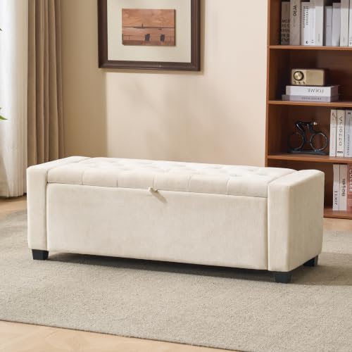 Tufted Linen Storage Bench Ottoman - Beige Upholstered Bedroom Seating