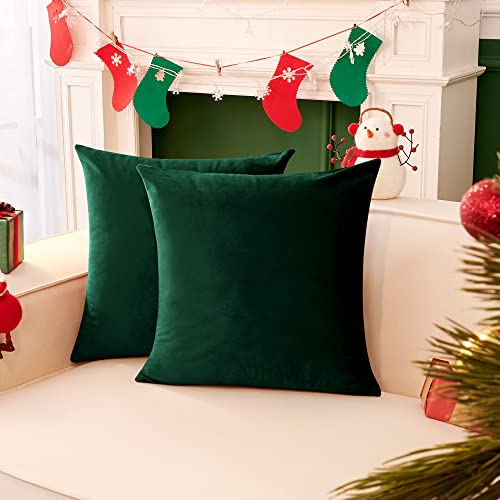 Deconovo Velvet Throw Pillow Covers for Sofa 26x26 in, Soft Square Cushion Cases for Couch Bed Living Room Decor, Set of 2, Emerald Green