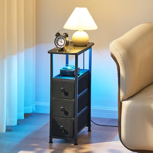 Narrow End Table with Charging Station, 2 Drawers and Smart LED Light