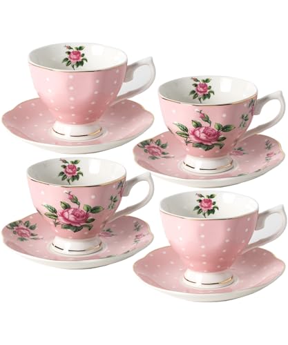 Pink Floral Tea Cup Set of 4 - 8 oz Porcelain Tea Cups with Gold Trim, Dishwasher Safe