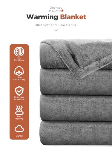 Electric Heated Throw Blanket - Soft Flannel, 8 Heat Levels, 1-9 Hour Timer, Machine Washable