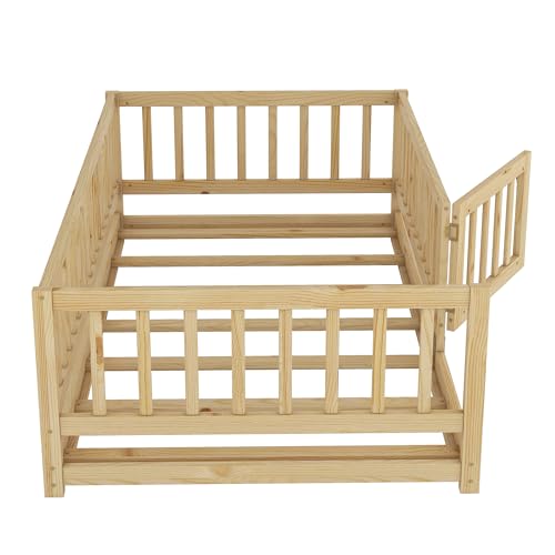 Twin Size Montessori Floor Bed with Safety Rails and Door, Pine Wood