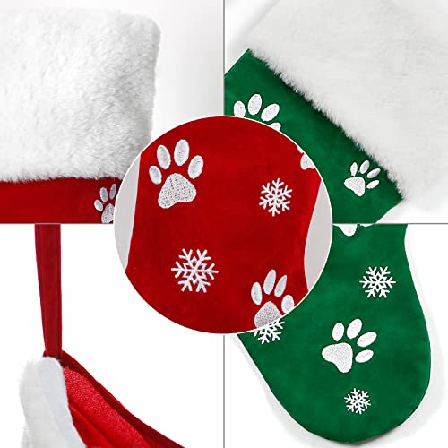 2Pcs Christmas Stockings Velvet Red & Green with Snowflake Paw Embroidery, 18in
