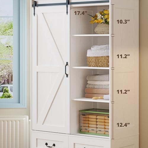 71-Inch Wooden Wardrobe Closet with Sliding Barn Doors and 4 Drawers