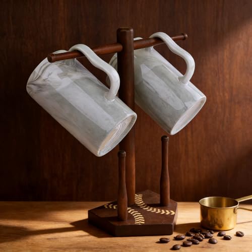 NBABSR 20 oz Grey Marble Mugs Set of 2 with Large M-Handle - Porcelain Coffee Tea Cups 600ml
