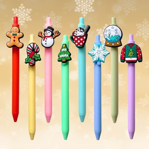 Christmas Pens 8-Pack Festive Holiday Stationery with Gingerbread Snowman & Candy Cane Tops - Office & Gift