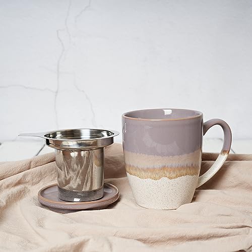 Bosmarlin 16oz Ceramic Tea Mug with Infuser, Lid & Reactive Glaze - Purple