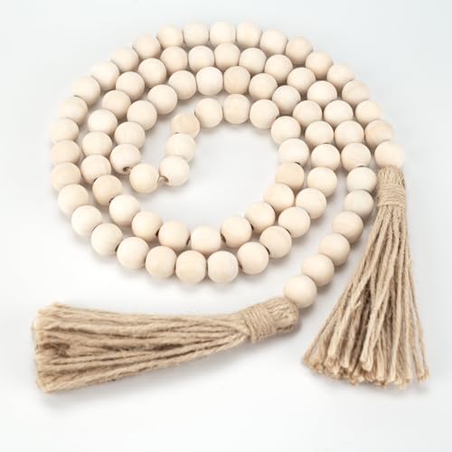 58-Inch Wood Bead Garland with Tassels – Boho Farmhouse Home Decor