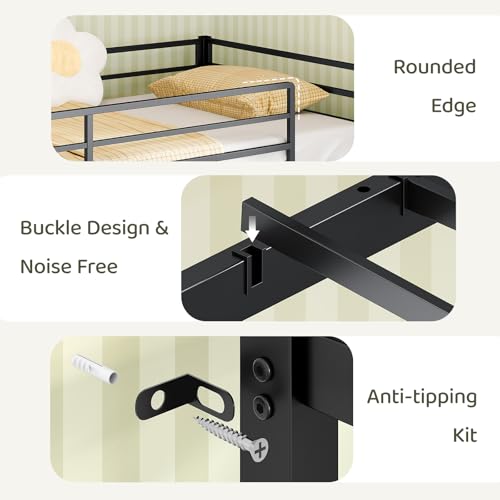 Twin Over Twin Metal Bunk Bed with Storage, LED Lights & Charging Station
