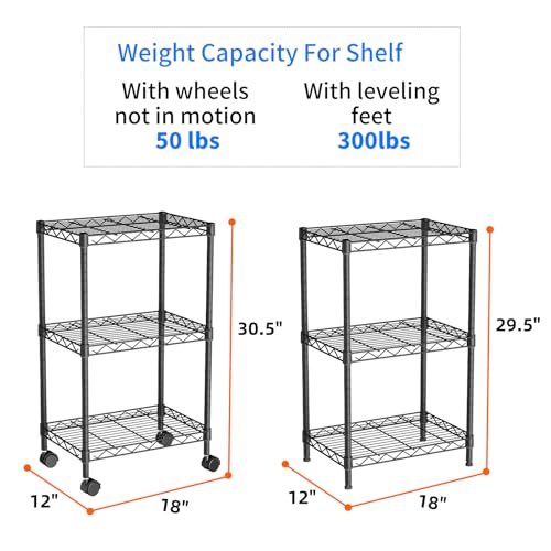 3-Tier Metal Wire Storage Shelf Unit with Wheels Adjustable Shelving