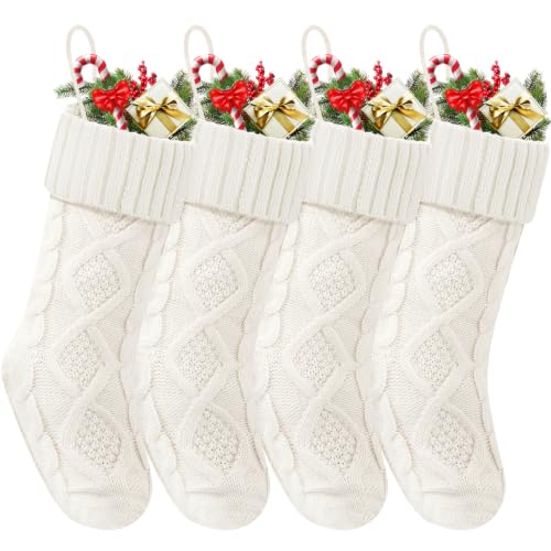 Doitory 18-Inch Christmas Stockings Set of 4/6 Red White Green Knitted with Cuff - Classic Holiday Decor (Variant: 4p-white)