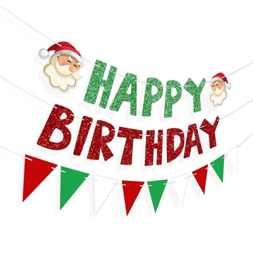 Christmas Birthday Banner, 2 Red/Green Banners with Triangle Pennant Garland
