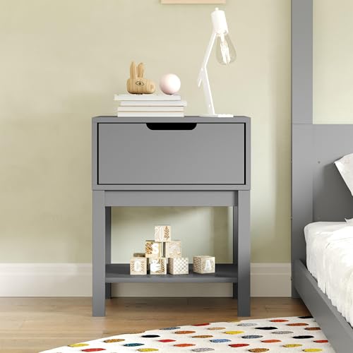Kids Wooden Nightstand with Storage Drawer and Open Shelf, Gray