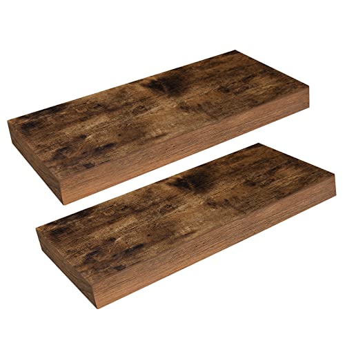 Rustic Brown Floating Wall Shelves, 15.7-Inch Wood Display Ledges - Set of 2