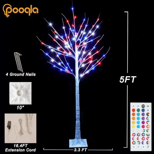 Pooqla 5 ft RGB Lighted Birch Tree with 35 Colors & Remote Control - Indoor Outdoor Christmas Tree