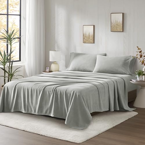 True North by Sleep Philosophy Micro Fleece Bed Sheet Set, Warm, Sheets with 14" Deep Pocket, for Cold Season Cozy Sheet-Set, Matching Pillow Case, King, Grey, 4 Piece