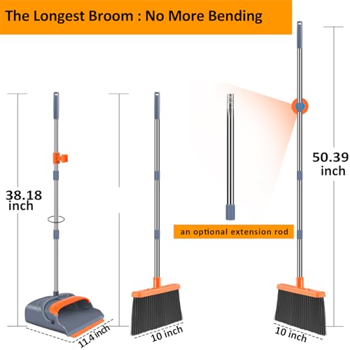 Kelamayi Upgraded Broom and Dustpan Set with Long Handle and Self-Cleaning Teeth