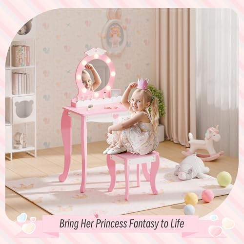 Kids Vanity Set with Lighted Mirror and Stool, Pink Princess Makeup Table