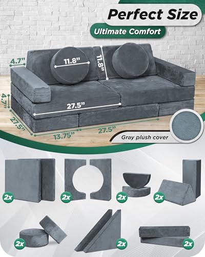 Lunix Modular Kids Play Couch Set - Stone Gray 14-Piece Foam Building & Climbing Set