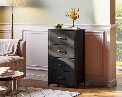 Small 4-Drawer Fabric Dresser with Wood Top & Steel Frame, Black