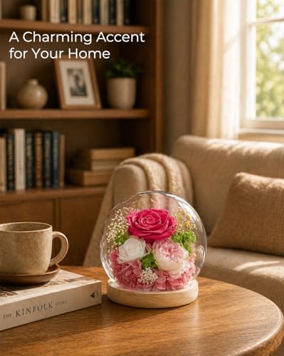 FIACO Pink Preserved Rose Gift in Glass Dome with LED Light - Long-Lasting Flower Decoration for Women, Mom, Wife, Valentine's Day, Christmas