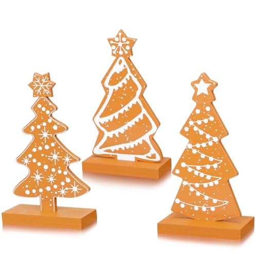 Syhood Christmas Gingerbread Tree Decor - 3 Pcs Wooden Tabletop Holiday Centerpieces