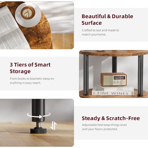 3-Tier Round Side Table, Compact Rustic Accent Table for Small Spaces