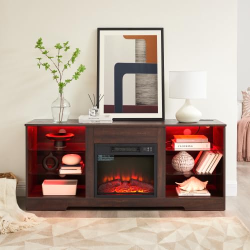 Fireplace TV Stand for 65 Inch TVs with LED Lights and Power Outlets