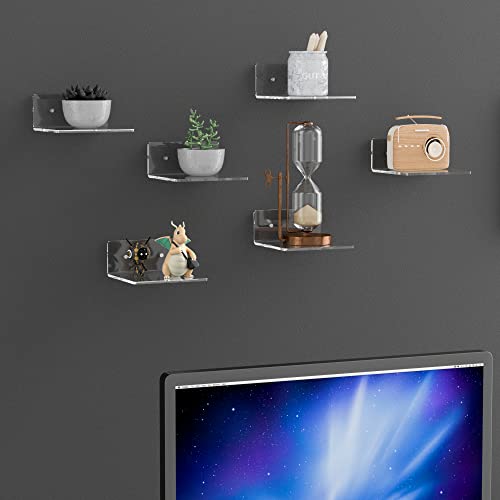 6-Inch Clear Acrylic Floating Wall Shelves - 2 Pack Heavy Duty Display Ledge