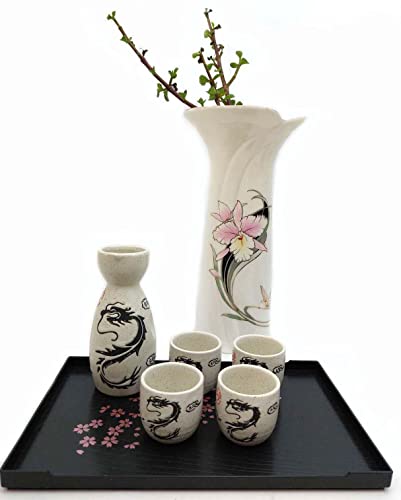 JapanBargain Porcelain Sake Set 5 oz White Dragon Design Microwave Safe
