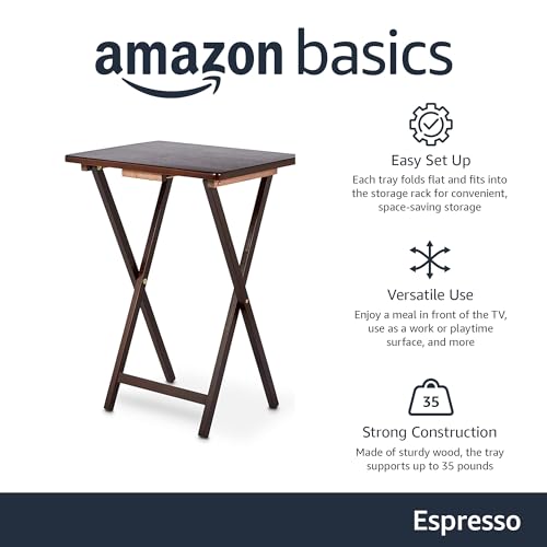 Foldable Wood TV Tray Table Set with Storage Stand, Espresso, 4-Pack