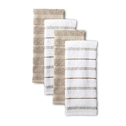 Absorbent Cotton Kitchen Towels 4-Pack Set, 16" x 26" - Tan/White
