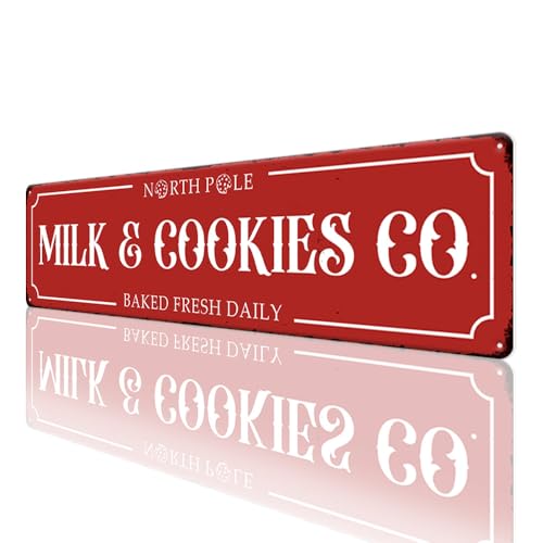 North Pole Christmas Metal Sign 16x4 Vintage Baked Cookies & Milk Plaque - SCAZOMV