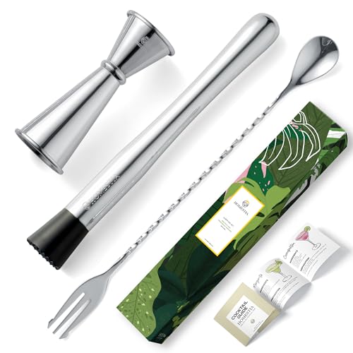 Homestia 3-Piece Cocktail Bartender Set with Double Jigger, Muddler & Bar Spoon - Silver Variation
