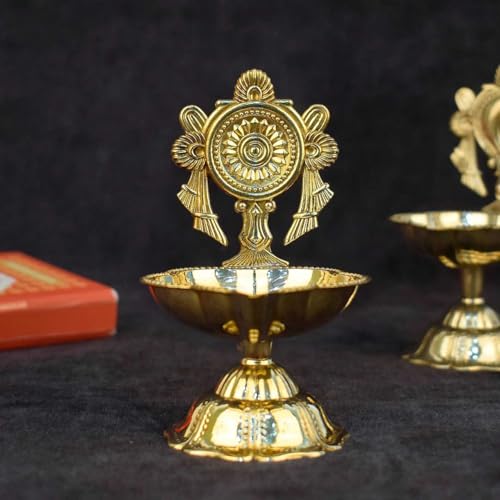 Brass Shankh Chakra Diya Oil Lamp Set of 2 - Mandir Pooja Decor