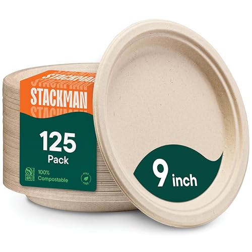 100% Compostable 9 Inch Paper Plates - Heavy Duty Sugarcane Plates (125 Pack)