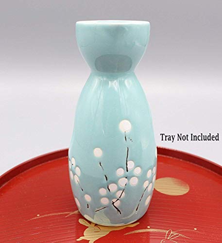 White Flower on Blue Japanese Ceramic Sake Set 5 Piece Tokkuri & Ochoko Cups
