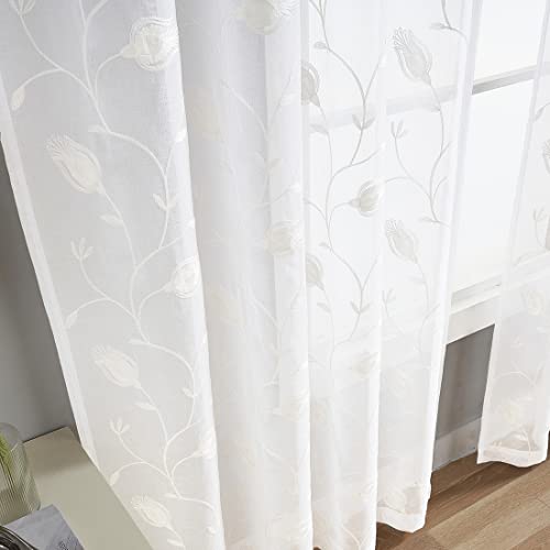 Sheer Embroidered Curtains 52"x72" Rod Pocket Drapes - Set of 2